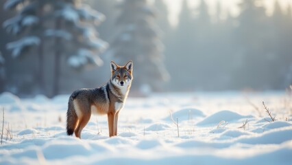 Fototapeta premium Coyote Standing In Snowy Winter Landscape
