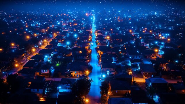 Aerial view of a residential neighborhood at night, illuminated by various street lights and home lights