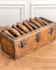 Vintage wooden box containing a collection of antique hand tools