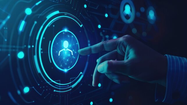 A hand pointing to a person in a blue circle. Concept of a person being selected or chosen