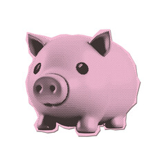 Piggy bank - pop art style Halftone collage torn out paper sticker. Vintage grunge vector element in dotted style.
