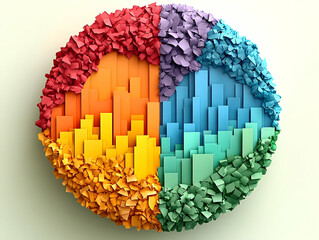 Fototapeta premium Colorful circle design with blocks and paper shards in red orange yellow green blue purple