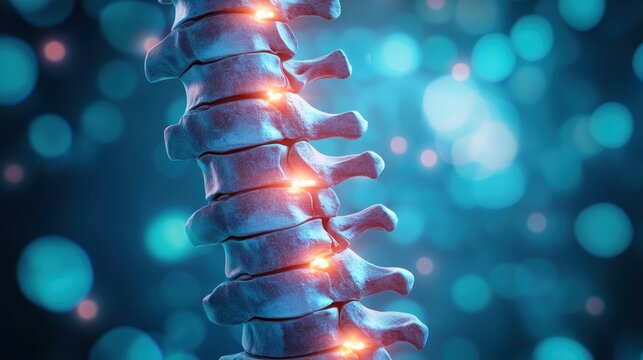 visualization of the human spinal column highlighting vertebral structure and neural pathways presented on a gradient blue backdrop suitable for medical illustration or educational resources
