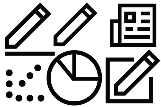 Data Analysis and Reporting Icons Featuring Charts and Pencils