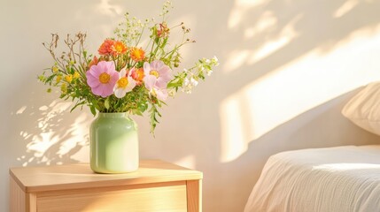 Fototapeta premium Bright flowers in a pastel green vase on modern oak nightstand, peaceful and elegant