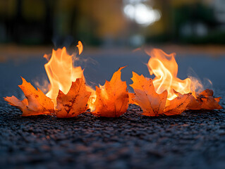 Fiery leaves blaze on the ground autumnal hues erupting in flames against a blurred bokeh-lit backdrop