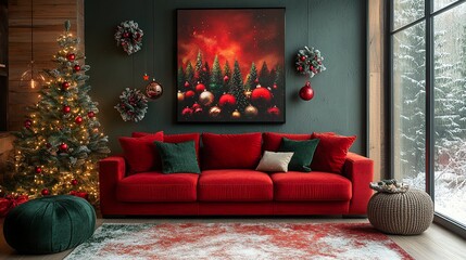 Obraz premium Modern festive living room with red and green Christmas theme and elegant seasonal details 