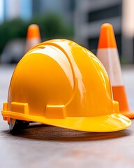 Yellow hard hat rests near traffic cones on urban street