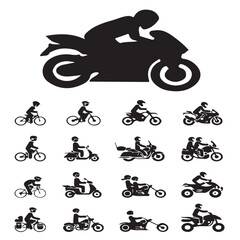 A collection of simple, black silhouette icons depicting various types of vehicles, from bicycles to motorcycles and scooters.