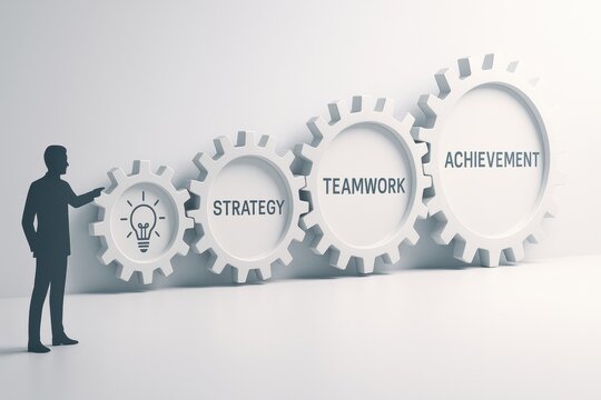 Strategy gears to success: A silhouette of a person interacts with a series of interconnected gears, each labeled with words symbolizing strategy, teamwork, and achievement.