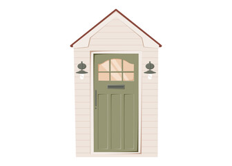 Vector cartoon illustration of a cozy green cottage front door with lantern lights. Flat style rural entrance with wooden texture and vintage farmhouse vibes. Isolated on white background.