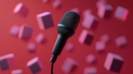 Black Microphone with Red Background Featuring Cube Shapes for Entertainment