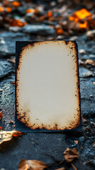 Burnt paper sits on a rough surface surrounded by fallen leaves evoking a sense of decay
