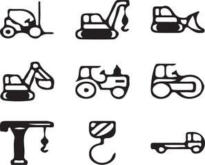 Simple black and white vector icons of construction and heavy equipment.