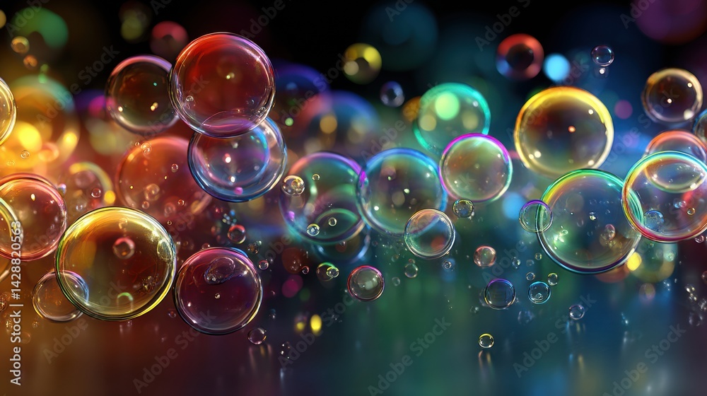 Poster Close-up View of Vibrant Soap Bubbles With Intricate Reflections and Captivating Rainbow Highlights in a Playful Atmosphere