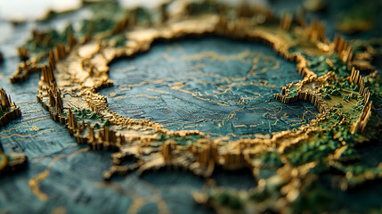 Elevated teal terrain model with intricate golden lines resembling a map with varying elevations