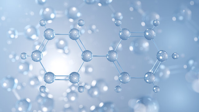 biphenyl molecular structure 3d, aromatic hydrocarbon structural chemical formula view from a microscope