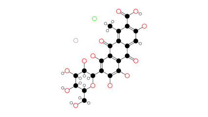 carmine red molecule, structural chemical formula, ball-and-stick model, isolated image e120