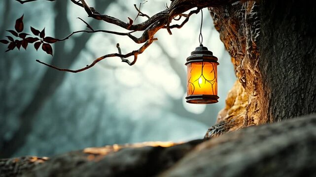 Glowing lantern hanging from a tree branch in a misty forest, creating an enchanting atmosphere