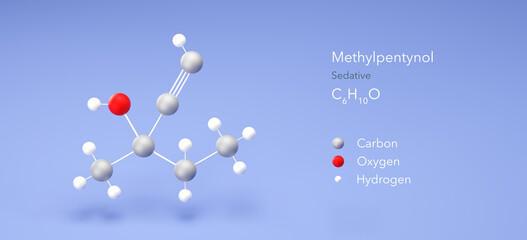 methylpentynol molecule, molecular structure, sedative agent 3d model, Structural Chemical Formula and Atoms with Color Coding