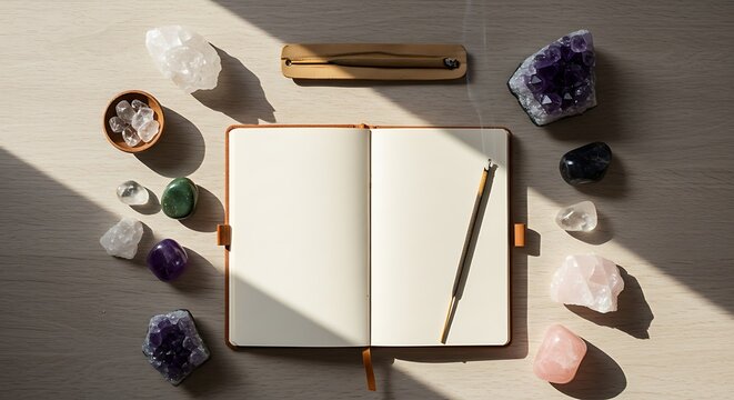 Flat lay of journal with healing crystals and accessories. Mindfulness practice with open notebook and natural stones. Peaceful morning ritual with sunlight and shadow design.