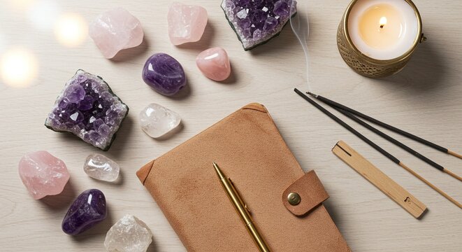 Flat lay of healing crystals and mindfulness journal with incense sticks and candle. Tranquil self-care setup on light wood surface. Peaceful morning energy ritual scene for journaling and reflection.