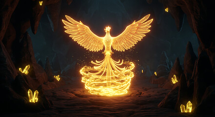 Majestic Phoenix Rising Digital Art of a Mythical Bird in a Cave