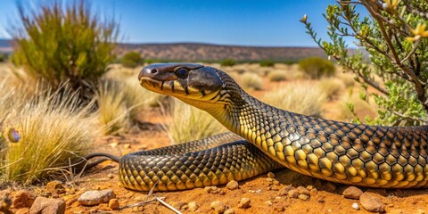 Fototapeta premium A desert reptile, basking in the sun, displays its intricate scales and watchful gaze amid the arid landscape's sparse vegetation.