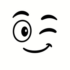 Fototapeta premium A playful wink emoji with one eye open and a smiling mouth, conveying a fun and cheeky expression in a simple black-and-white design.