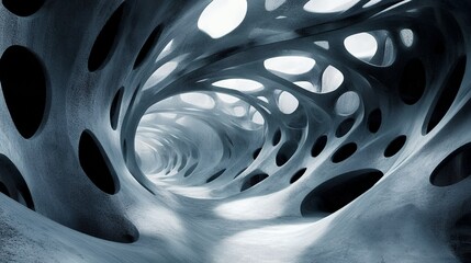 A futuristic tunnel with organic looking structure and circular holes in a light blue color scheme