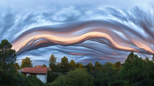 A panoramic view of undulating asperitas clouds over a lush green treeline at dusk or dawn