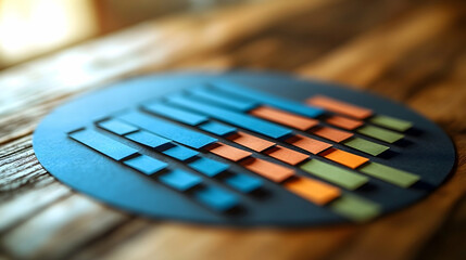 Fototapeta premium Circular chart with blue orange and green bars on a wood surface shows growth and data visually