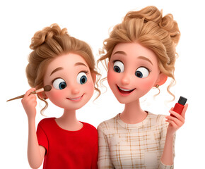 Two animated women enjoying a beauty session, one applying blush with a brush and the other holding a nail polish.