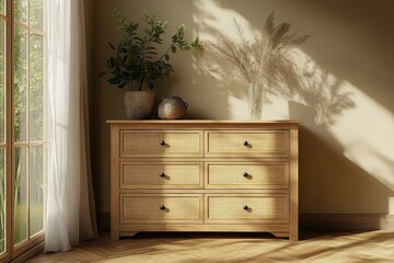 Light wood and rattan wicker chest of drawers with six deep drawers, modern style, close-up shot, natural lighting, photorealistic apartment interior design.