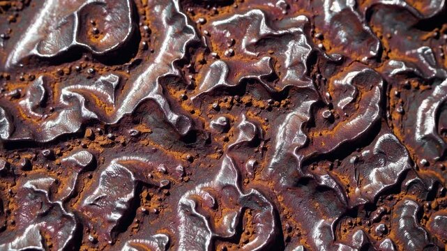 Closeup timelapse of rust patterns forming on metallic surface