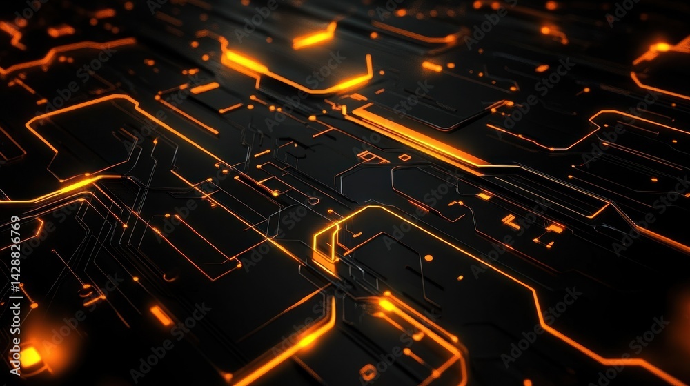Poster abstract representation of advanced technology with glowing orange lines reminiscent of circuitry an