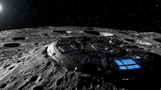 Lunar base landing, cratered moon, stars, space, science fiction, research, future, exploration