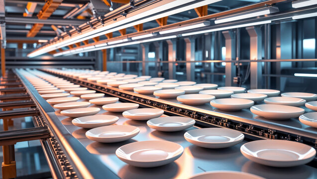 Plates move down an automated assembly line, highlighting the production process.