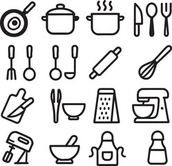 Kitchen Utensils: An assortment of essential kitchen utensils. This meticulously composed illustration showcases a comprehensive collection of tools for various culinary tasks.
