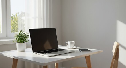 Fototapeta premium Modern workspace with a laptop, coffee cup, and greenery 