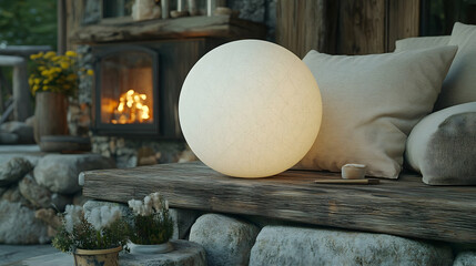 Glowing orb with cushions on a weathered wooden porch in front of a fireplace in a rustic setting