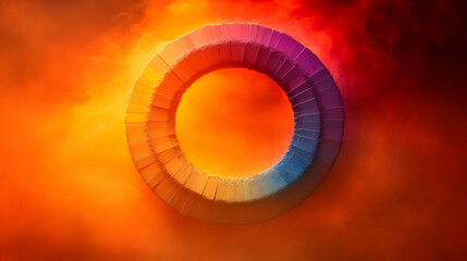 Hued ring floats segmented gradient from yellow to blue against warm smoky orange and red background