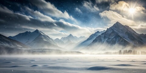 Fototapeta premium A Majestic Winter Scene Snow-Covered Mountains Under a Dramatic Sky with a Brilliant Sun
