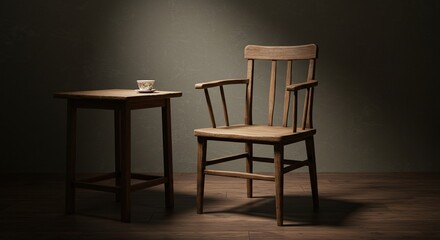 Wooden chair and side table in dark moody corner with single spotlight. Minimal interior setup with calm solitude atmosphere. Interior still life with empty space and vintage style.