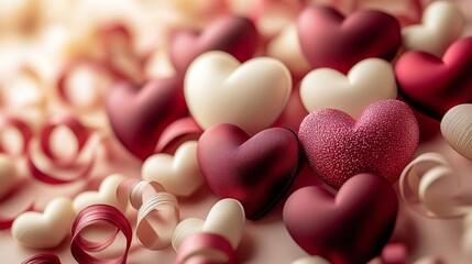 Fototapeta premium Modern Valentineâ€™s composition with burgundy and cream hearts and curled paper streamers 