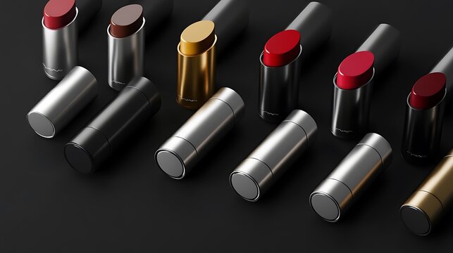 Elegant Assortment of Lipstick Tubes, Metallic Silver, Gold, Red Tones on Dark Background