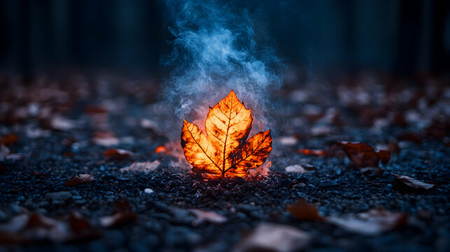 Glowing leaf with smoke on dark ground its veins highlighted in light contrasting with the dark background