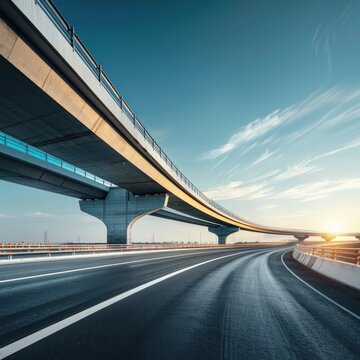 Modern city highway road under the overpass with beautiful sunset sky background. Generated AI image