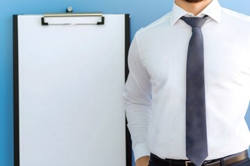 A professional businessman in a crisp white shirt and tie holding a blank clipboard for your text, perfect for corporate presentations or mockups on a blue background