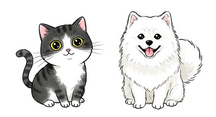Fototapeta premium Adorable Cat and Pomeranian Dog Illustration Cute Pet Drawing